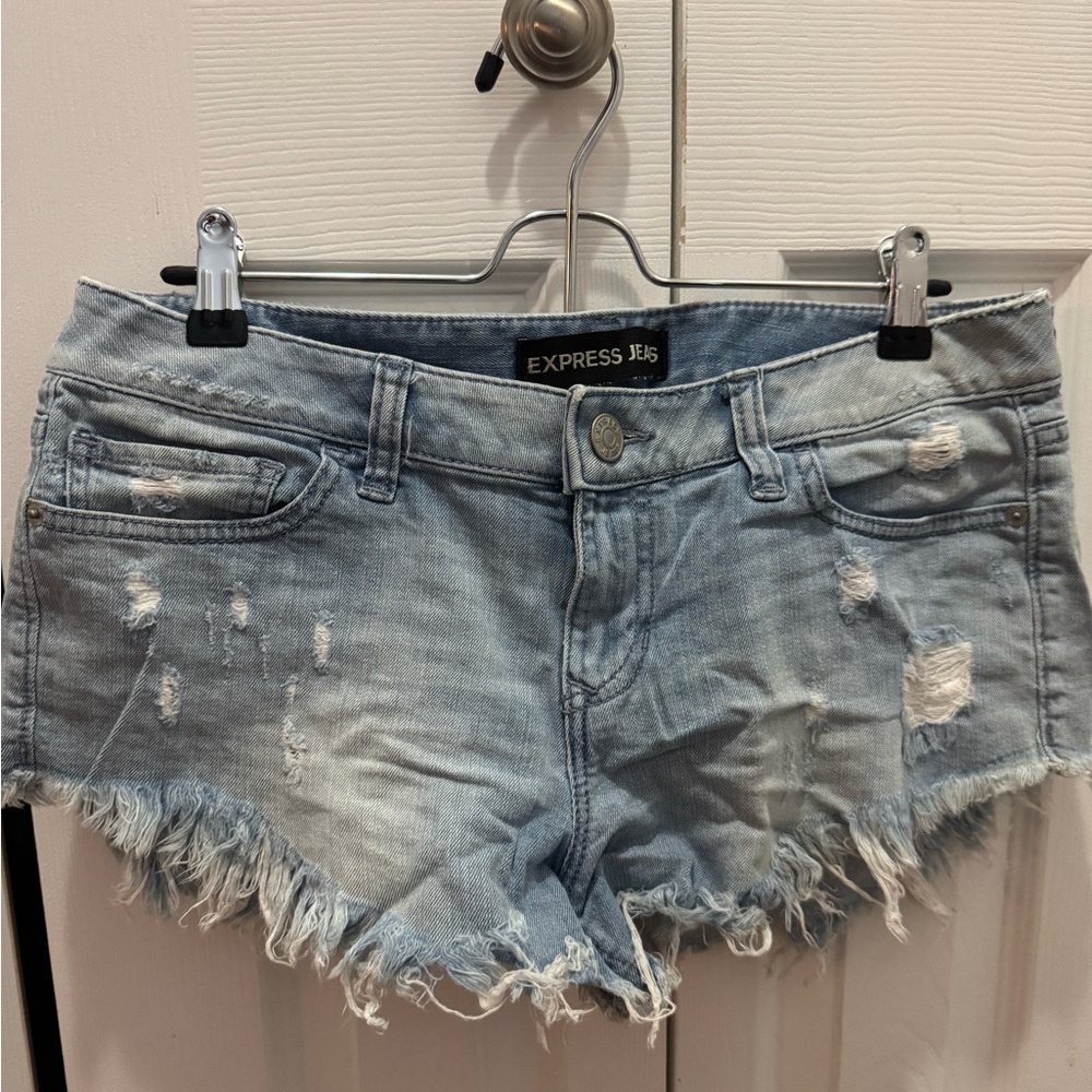 Express Light Blue Frayed Denim Shorts